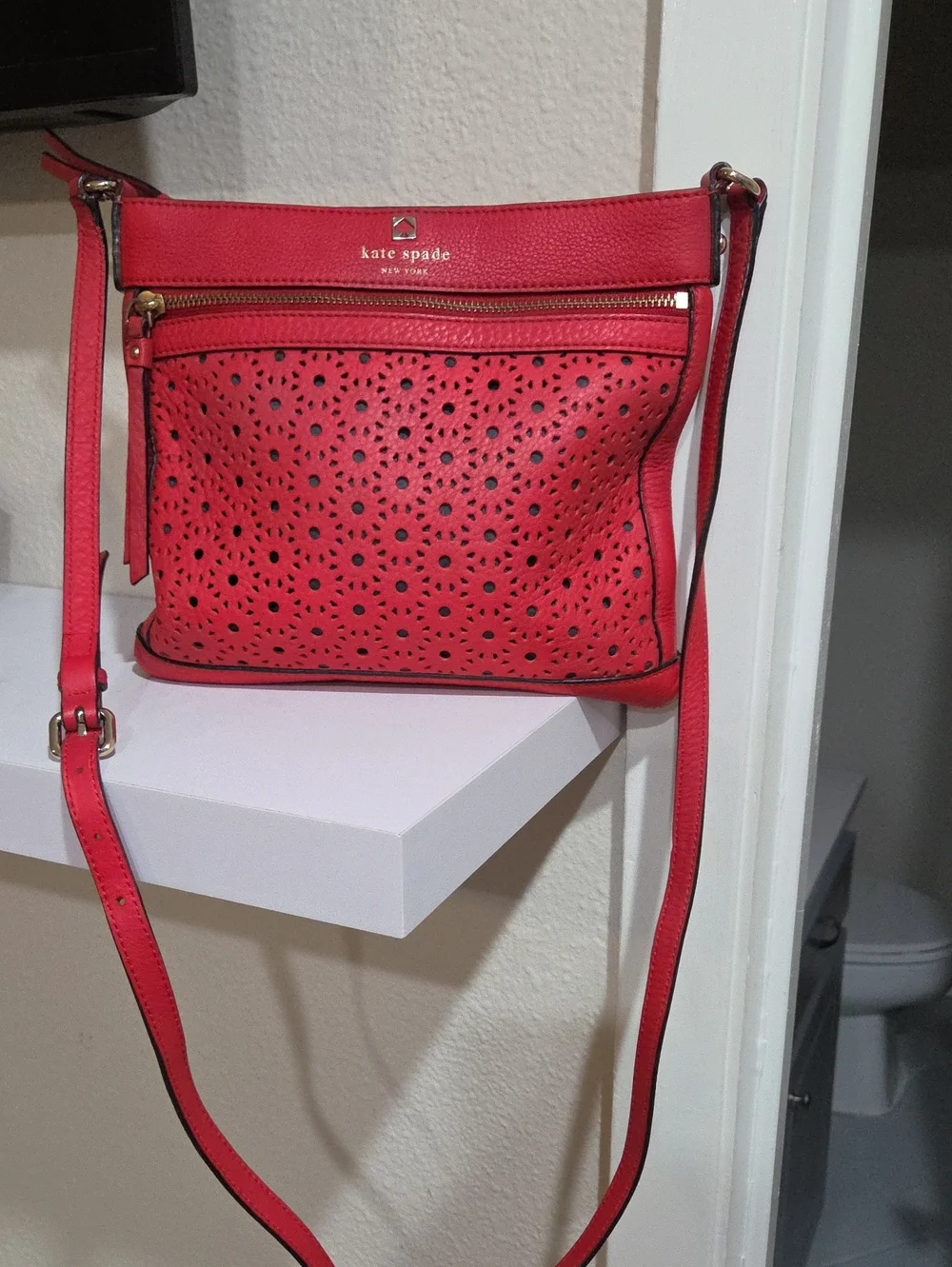 kate spade Red Perforated Leather Shoulder Crossbody Bag